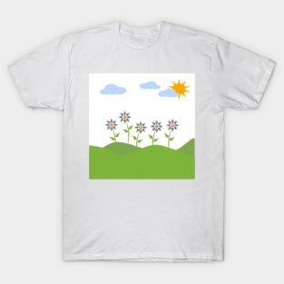 Hills, sky, sun, flowers and clouds depicting a scene of Spring T-Shirt